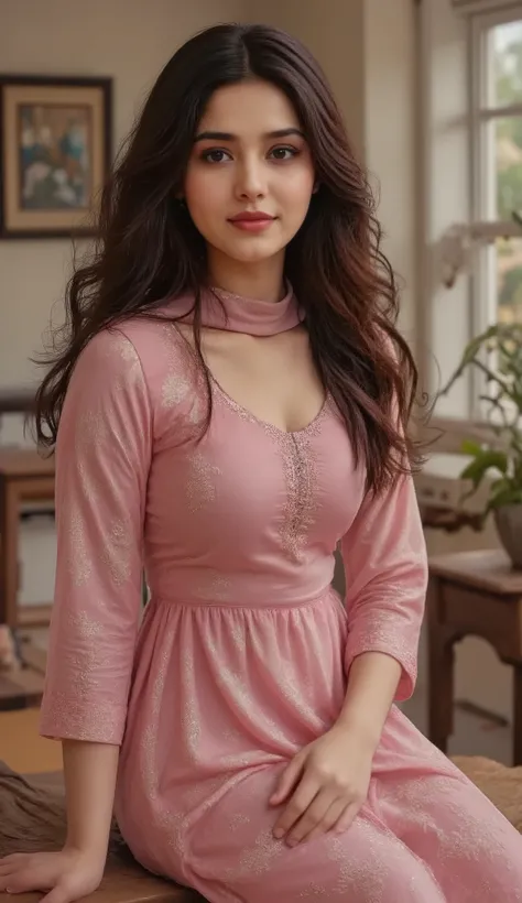 A 20-year-old woman sits gracefully in a room, with a gentle smile. She is wearing a nightgown of any color, which reveals her tight-fitting body. In the background is a room filled with vibrant designs, which further enhances the calm atmosphere. Her hair...