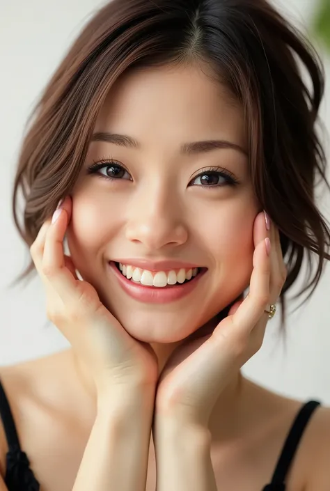 extreme close-up portrait, beautiful girl with her love-struck, radiant face filling the entire frame (95% face ratio), gently placing both open hands on her flushed cheeks with soft fingers, soft black camisole, white blurred background, eyes dreamy and h...