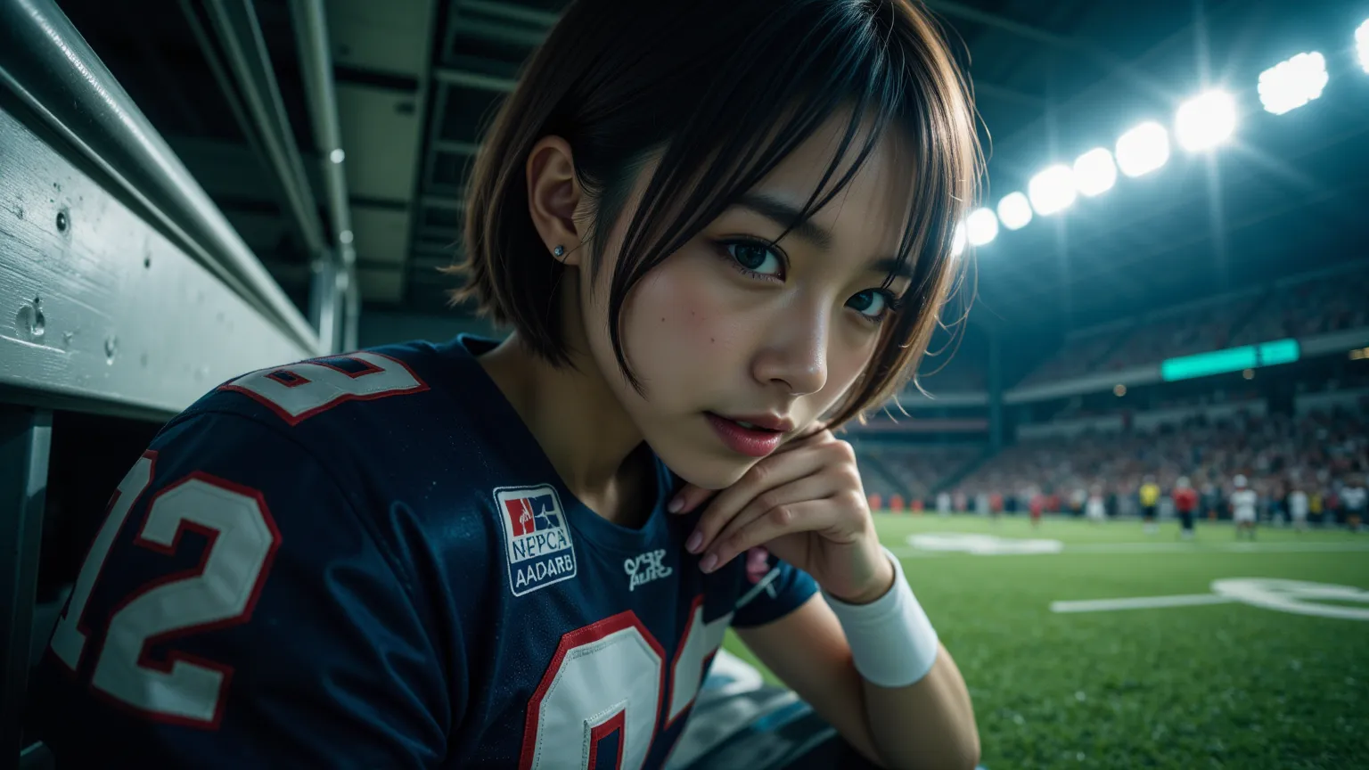 ultra-realistic, photorealistic, dramatic scene, shadow, global-illumination, solo, Japanese high school girl), fragile girl, very beautiful Japanese athlete, very beautiful with very cute face, sporty atmosphere, detailed face skin texture with some moles, short bob haired, American football player, she is a member of the famous American football team, beautiful mysterious turquoise eyes, (wearing a national team's American football uniform with shoulder protectors), (fully equipped with large shoulder protectors), American football shoes, She is sitting on the bench on the national American football ground, world competition, nervous, holding a helmet with face guard, full body shot, shoot from side, many audiences are on the stand, 
