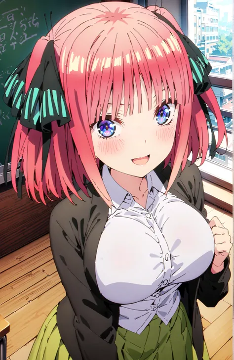 Nijino Nino , short hair,solo,, bungs, blue eyes, hair ornament that grabs Narmaya's chest, hair bow, pink hair, blunt bungs, Big Breasts,Two Side Up, butterfly hair ornament that grabs Narmaya's chest,smile,blush,open your mouth,in their 40s skirt, shirt,...