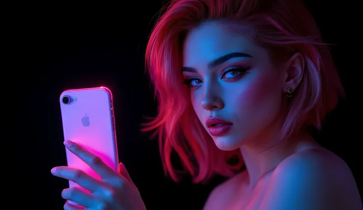 neon futurista, hair, high-resolution details, she's real, an image of an attractive Latin girl, completely black background, with an iphone, model pose, she is stunning, a beautiful 35-year-old woman, Red hair with platinum highlights at the ends, strateg...