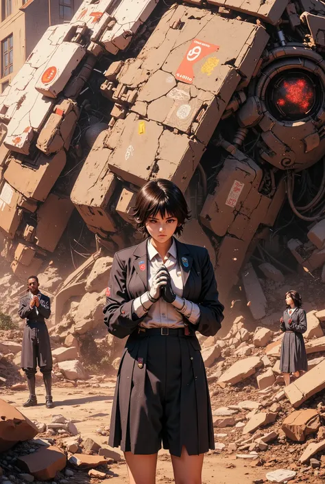 School undergoing reconstruction,Flaky Armor,Dead Iron Giant,teacher offering prayers to mourn giants,student who is outraged by asymmetric justice and questions the reality of the truth,huge female student with uniform ,(Highest Quality,4K,8k,high resolut...