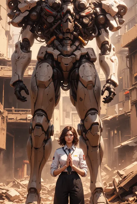 School undergoing reconstruction,Flaky Armor,Dead Iron Giant,teacher offering prayers to mourn giants,student who is outraged by asymmetric justice and questions the reality of the truth,huge female student with uniform ,(Highest Quality,4K,8k,high resolut...