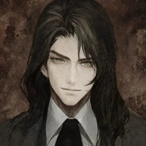 Handsome male with long hair, black hair, emerald eyes, and suit with tie. 