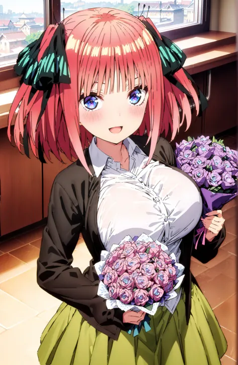score_9, score_8_up, score_7_up, source_anime, Nijino Nino , smile,blush,open your mouth,short hair,, bungs, blue eyes, hair ornament that grabs Narmaya's chest, hair bow, pink hair, blunt bungs, Big Breasts,ツーサイドup, butterfly hair ornament that grabs Nar...