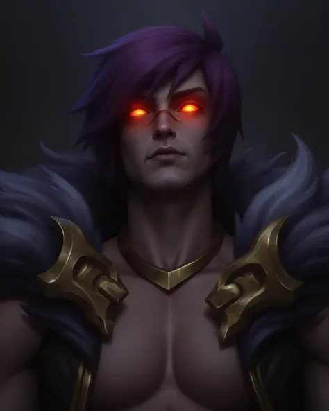 Realistic digital painting of Sett from League of Legends, upper body portrait, positioned in a three-quarter profile view, looking slightly upwards. He has a fierce, angry expression on his face. His eyes glow intensely with a red halo of light. Detailed ...