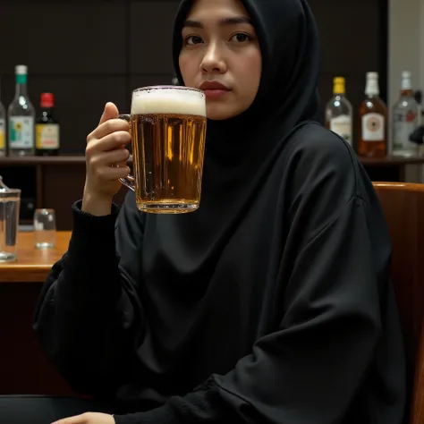" 1woman, 55 Years Old, Hijab Indonesian Mature Woman, (((Tight Shirt))), ((Large breast:1.6)), Close-Up, realistic skin texture, shiny skin, Hidden Bar, black thighhighs, Dimly Light, Drinking Huge Of Glass Beer, Sobber Expression, A Lot of Vodka bottle a...