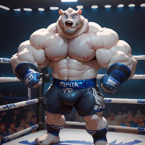 bara polar bear, strong physique, perfect anatomy, masterpiece, gray moustache and beard, wrinkles huge white fur, solo, added eyes with blue pupils, great lighting, black MMA shorts with blue line slits, MMA fingerless gloves with blue knuckle pads, ankle...