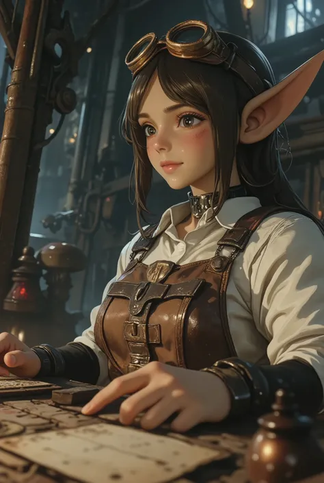 (masterpiece, best quality), 4k, a gorgeous Female Goblin, eye contact, smiling, focus, looks like mad scientist, wearing in a brown work apron with pilot's goggles on his forehead, concentratedly solves a puzzle, ((((cinematic composition)))), insane deta...