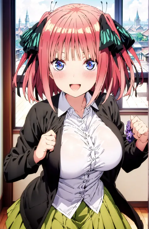 score_9, score_8_up, score_7_up, source_anime, Nijino Nino , smile,blush,open your mouth,short hair,, bungs, blue eyes, hair ornament that grabs Narmaya's chest, hair bow, pink hair, blunt bungs, Big Breasts,ツーサイドup, butterfly hair ornament that grabs Nar...