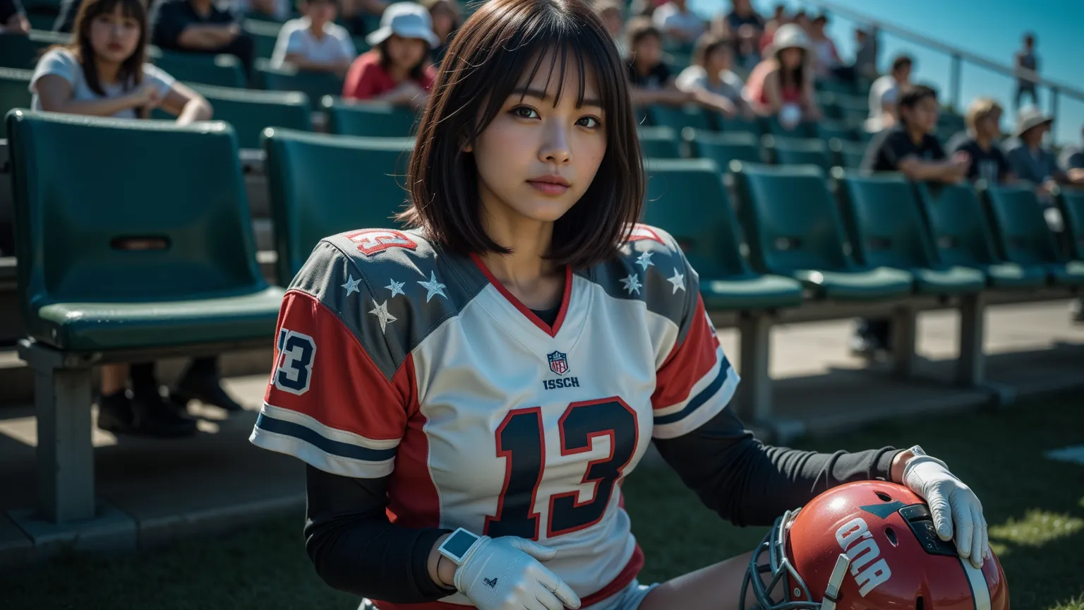 ultra-realistic, photorealistic, dramatic scene, shadow, global-illumination, solo, Japanese high school girl), fragile girl, very beautiful Japanese athlete, very beautiful with very cute face, sporty atmosphere, detailed face skin texture with some moles, short bob haired, American football player, she is a member of the famous American football team, beautiful mysterious turquoise eyes, (wearing a national team's American football uniform with shoulder protectors), (fully equipped with large shoulder protectors), American football shoes, She is sitting on the bench on the national American football ground, world competition, nervous, holding a helmet with face guard, full body shot, shoot from side, many audiences are on the stand, 
