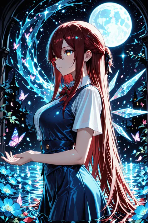 1 girl , golden eyes , very long hair , long sidelocks, red hair ,half updo, petite , very cute , beautiful ,Straight hair, cool, handsome, hair between eyes, sexy, female, mediumlarge breasts, lovely,, solo, standing, cirno, white shirt, white sleeves, s...