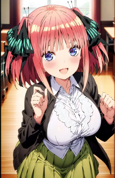score_9, score_8_up, score_7_up, source_anime,  Nijino Nino , smile,blush,open your mouth,short hair,, bungs, blue eyes, hair ornament that grabs Narmaya's chest, hair bow, pink hair, blunt bungs, Big Breasts,ツーサイドup, butterfly hair ornament that grabs Nar...