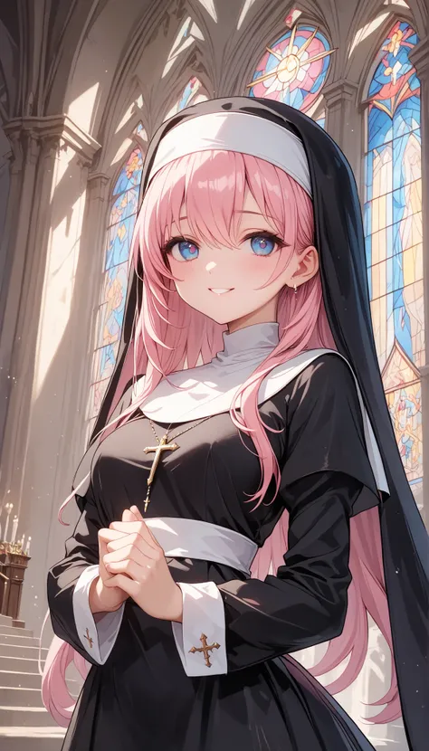(((Best quality, 8k, Masterpiece: 1.3)), ((best quality)), ((masterpiece)), (detailed), perfect face, perfect body, (detailed skin:1.3), (intricate details), Nun, black robe, pink hair, long hair, shiny hair, shy smile, Cathedral, stained glass, Sacred, se...