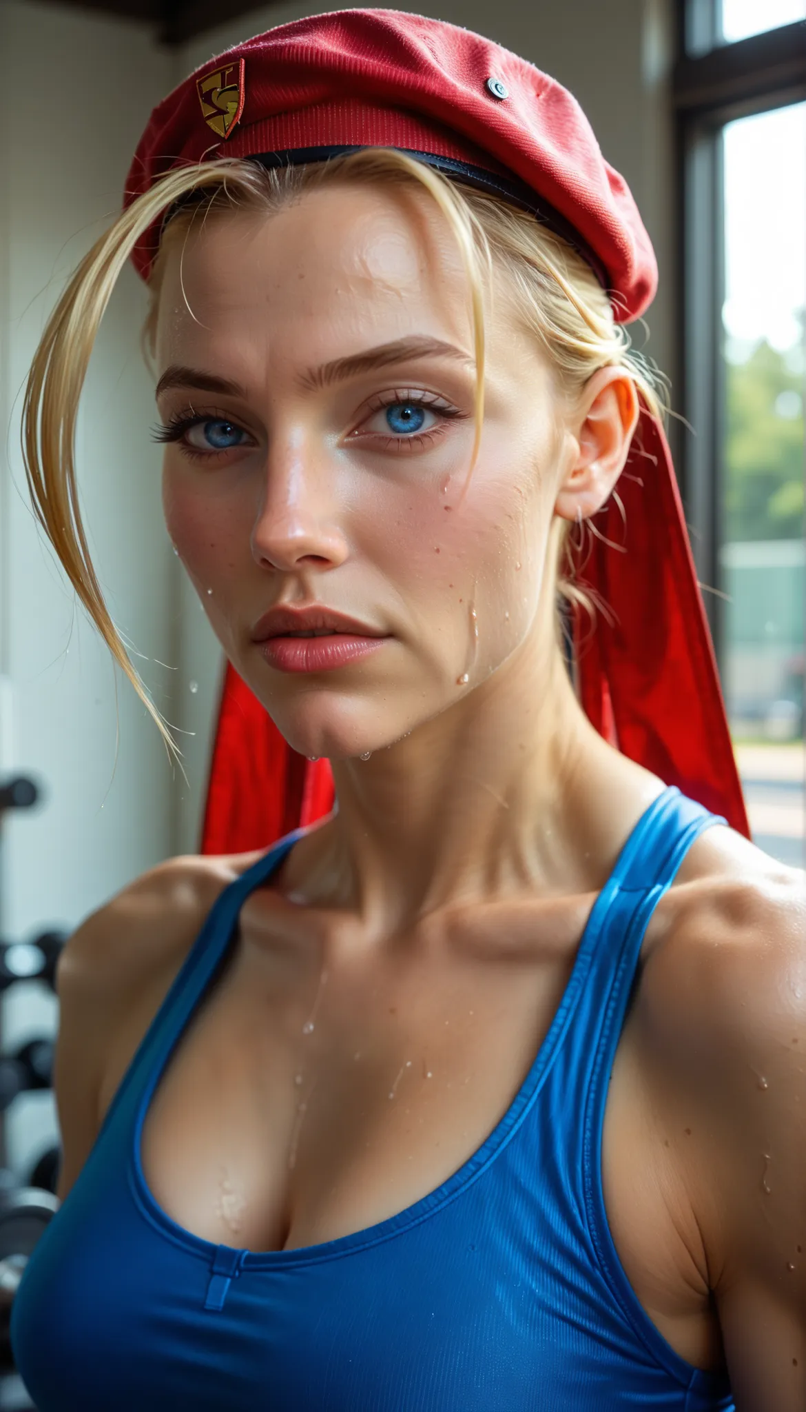((((masterpiece, best quality, high resolution)))), Extremely detailed 8K, 1 female, (Cammy White) wearing her Cammy White outfit, (Ultra HD, Ultra-detailed, Highly detailed, Highly realistic, Ultra-realistic, photograph realistic), (1girl:1.5), (Realistic...