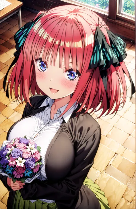 score_9, score_8_up, score_7_up, source_anime, Nijino Nino , smile,blush,open your mouth,short hair,, bungs, blue eyes, hair ornament that grabs Narmaya's chest, hair bow, pink hair, blunt bungs, Big Breasts,ツーサイドup, butterfly hair ornament that grabs Nar...