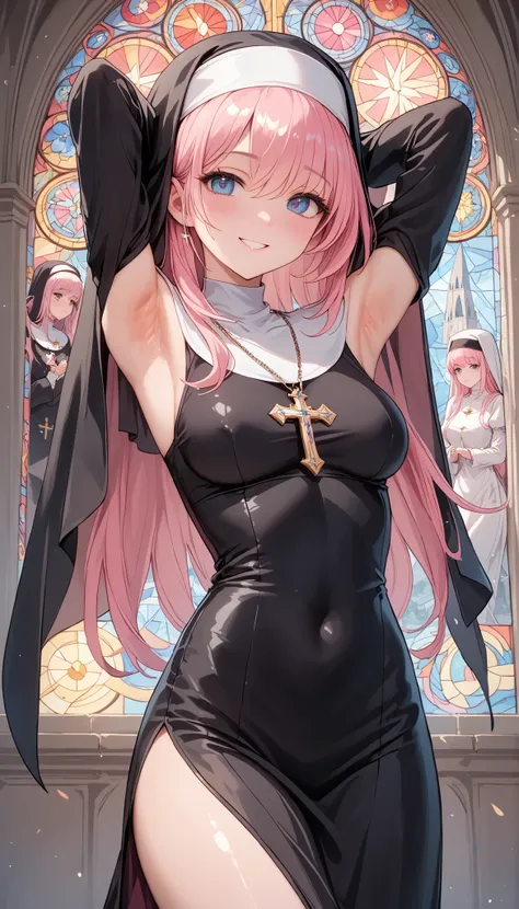 (((Best quality, 8k, Masterpiece: 1.3)), ((best quality)), ((masterpiece)), (detailed), perfect face, perfect body, (detailed skin:1.3), (intricate details), Nun, black robe, pink hair, long hair, shiny hair, shy smile, Cathedral, stained glass, Sacred, se...