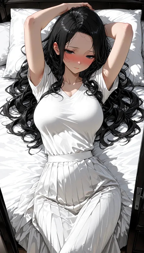 Premium, masterpiece, ultra-precise, ((Premium, masterpiece:1.3)), (sharp focus, Gentle eyes), (Beautiful mature woman with a perfect body), (black eyes), (Long hair with dark black natural curls, The ends are slightly curled, giving a soft and lovely impr...