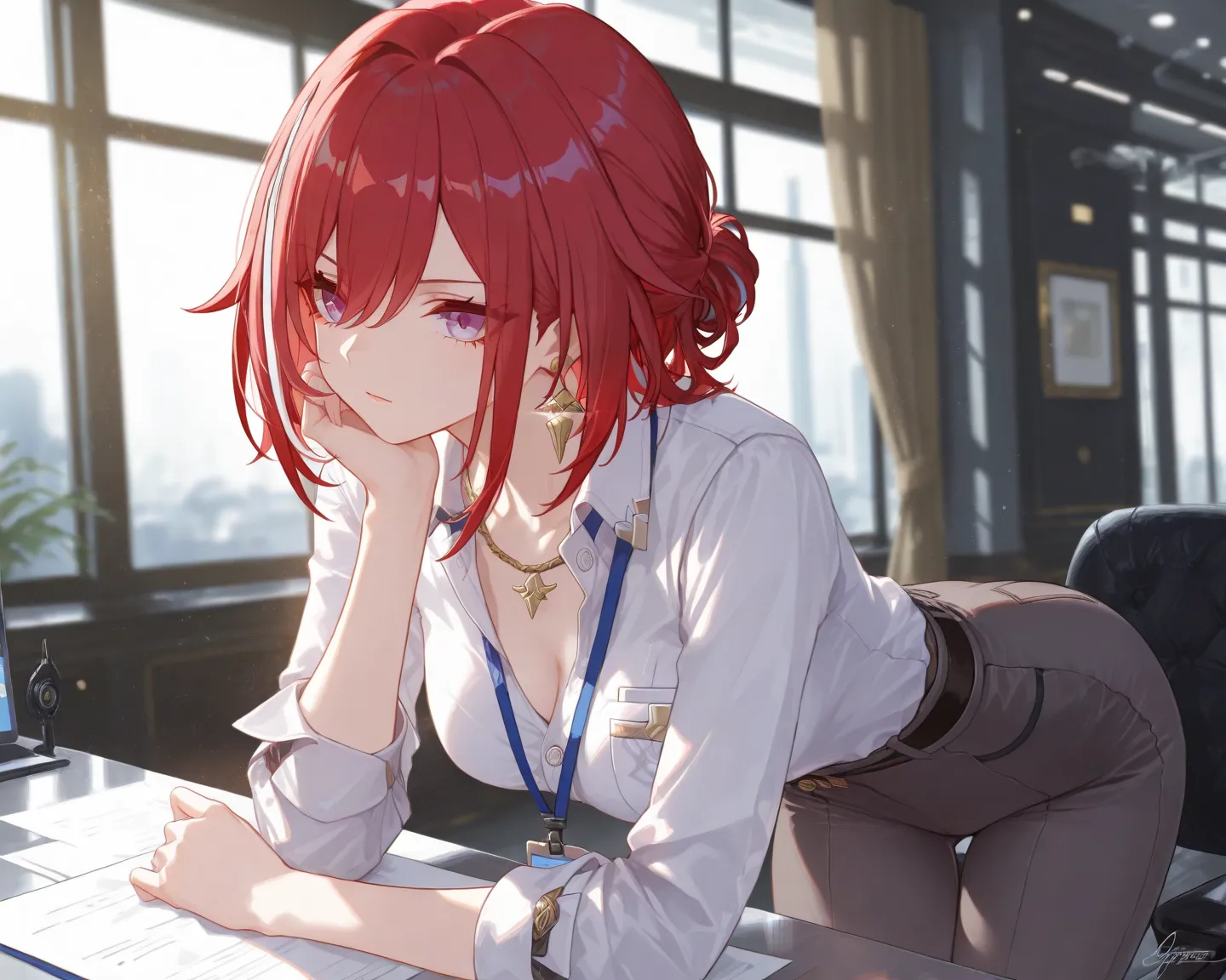 A detailed, high-quality rendering of Topaz from Honkai Star Rail in a sophisticated, professional outfit, perfect for a high-powered corporate environment. She wears a tailored, dark grey pantsuit with a crisp white blouse, the fabric flowing elegantly. Her signature fiery red hair is styled in a sleek, professional updo, emphasizing her sharp features. A pair of delicate gold earrings and a subtle, elegant necklace complete her ensemble. Her usual energetic expression is replaced by a confident, determined look, reflecting her competence and professionalism. The setting is a minimalist, modern office, with a large window behind her providing natural light that gently illuminates her attire. A soft, blurred background suggests a bustling workplace, while the focus remains on Topaz, highlighting her poise and preparedness.