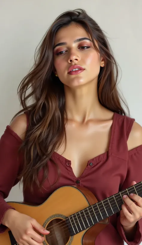a beautiful girl in red cloth is singing and playing guitar half body