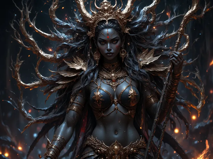 Image de Maa Kali, peau noire .
Elle est très grande.
Sa peau est bleu nuit.
Son regard est flamboyant.
Elle tire la langue de manière provoquante.
Torse nue, son corps est voluptueux , avec une large poitrine et la taille fine.
Un petit sarang rouge fend...
