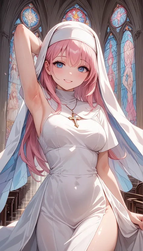 (((Best quality, 8k, Masterpiece: 1.3)), ((best quality)), ((masterpiece)), (detailed), perfect face, perfect body, (detailed skin:1.3), (intricate details), 1 Nun, solo, white robe, pink hair, long hair, shiny hair, shy smile, Cathedral, stained glass, Sa...