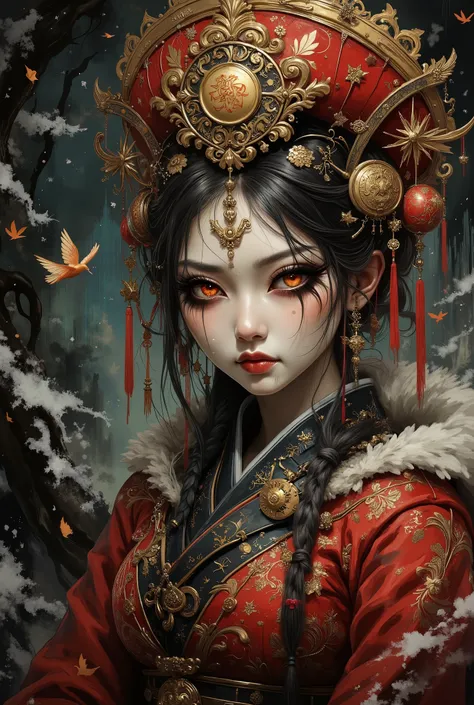 Stylized digital art of a Chinese girl, a magician's student. In the magical uniform of a sorceress. Dramatic red national costume. On his head is a tall golden, luminous hat. with a magic sign, lavish Baroque decor. One half of her face is dimly lit, whil...