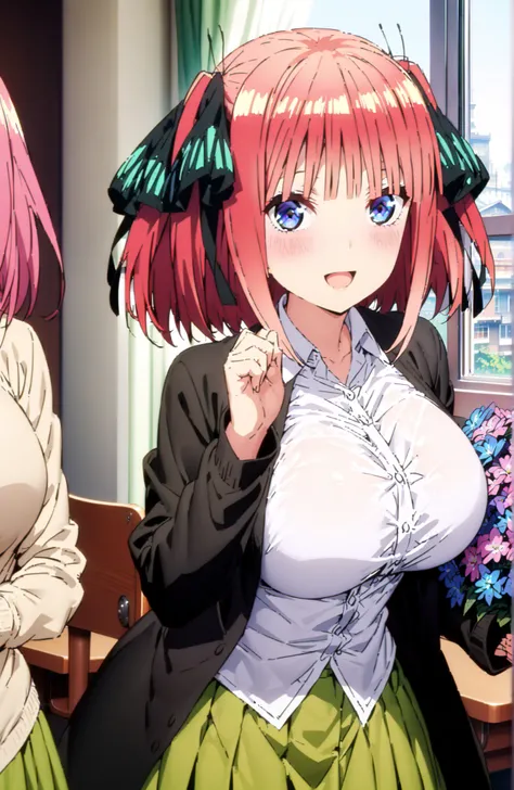 score_9, score_8_up, score_7_up, source_anime, Nijino Nino , smile,blush,open your mouth,short hair,, bungs, blue eyes, hair ornament that grabs Narmaya's chest, hair bow, pink hair, blunt bungs, Big Breasts,ツーサイドup, butterfly hair ornament that grabs Nar...