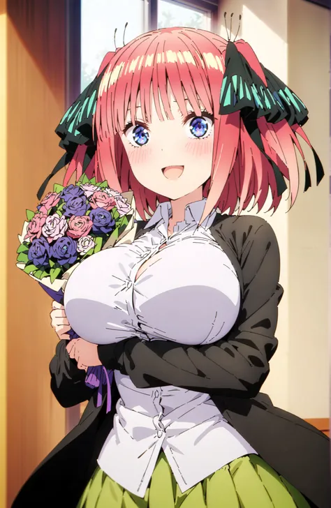 score_9, score_8_up, score_7_up, source_anime,  Nijino Nino , smile,blush,open your mouth,short hair,, bungs, blue eyes, hair ornament that grabs Narmaya's chest, hair bow, pink hair, blunt bungs, Big Breasts,ツーサイドup, butterfly hair ornament that grabs Nar...