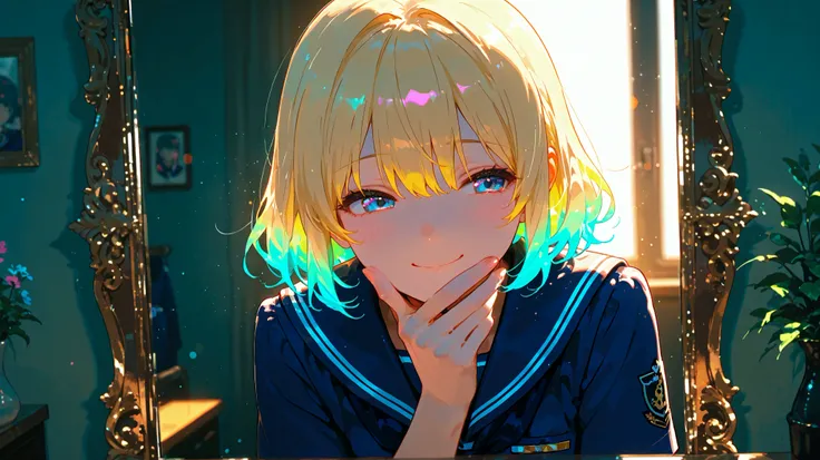 1girl, vivit colors, blond hair, multicolored hair,navy school uniform, cinematic lighting, cinematic angle, soft light, color detail, backlighting, Depth of field, long exposure, light steps, intricate colors, vibrant colors, 748cmstyle, A high school ...