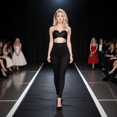 Beautiful 25 year old blonde woman, wearing a thin black outfit, walking on the runway, fashion show, 16mm photography, film photography, realistic, dark lighting