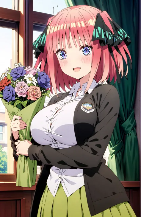 score_9, score_8_up, score_7_up, source_anime, Nijino Nino , smile,blush,open your mouth,short hair,, bungs, blue eyes, hair ornament that grabs Narmaya's chest, hair bow, pink hair, blunt bungs, Big Breasts,ツーサイドup, butterfly hair ornament that grabs Nar...