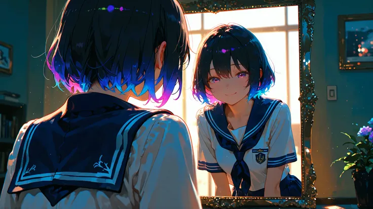 1girl, vivit colors, black short hair, navy school uniform, cinematic lighting, cinematic angle, soft light, color detail, backlighting, Depth of field, long exposure, light steps, intricate colors, vibrant colors, 748cmstyle, A high school girl with a ...