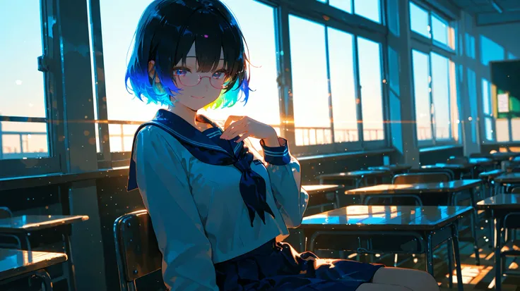 1girl, vivit colors, black short hair, navy school uniform, cinematic lighting, cinematic angle, soft light, color detail, backlighting, Depth of field, long exposure, light steps, intricate colors, vibrant colors, 748cmstyle, a girl sitting alone in a ...