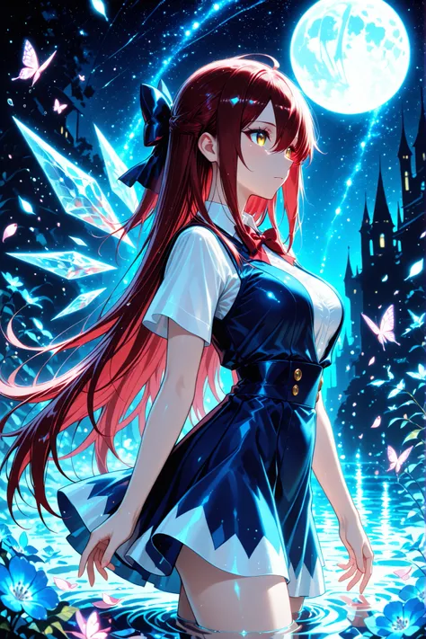 1 girl , golden eyes , very long hair , long sidelocks, red hair ,half updo, petite , very cute , beautiful ,Straight hair, cool, handsome, hair between eyes, sexy, female, mediumlarge breasts, lovely,, solo, standing, cirno, white shirt, white sleeves, s...