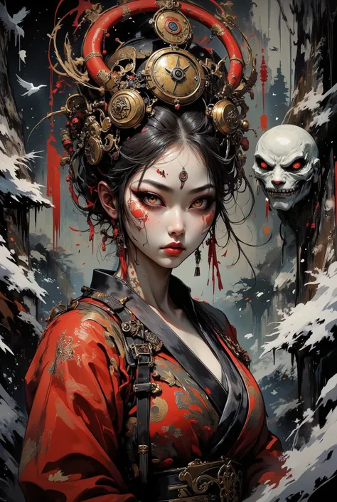 Stylized digital art of a Chinese girl, a magician's student. In the magical uniform of a sorceress. Dramatic red national costume. On his head is a tall golden, luminous hat. with a magic sign, lavish Baroque decor. One half of her face is dimly lit, whil...
