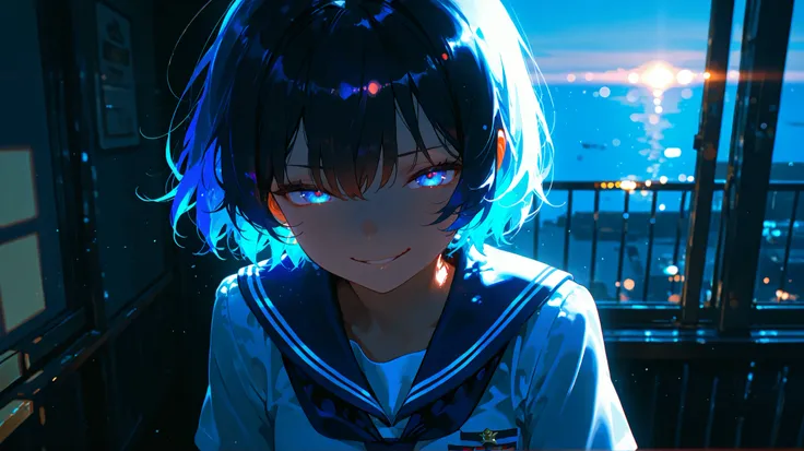 1girl, vivit colors, black short hair, navy school uniform, cinematic lighting, cinematic angle, soft light, color detail, backlighting, Depth of field, long exposure, light steps, intricate colors, vibrant colors, 748cmstyle, A dark, monstrous shadow i...