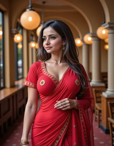 Any@, A 19 years old Indian woman is standing in the foreground of this image she have big breast and covered by saree, dressed in a red saree and red blouse, saree is designer saree with gold work. The background is blurred and illuminated by lights as le...