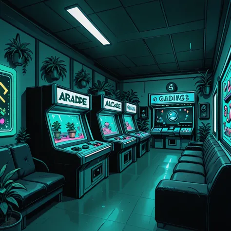Arcade room, vibrant colors, dimmed lighting, neon coloured signs, one black couch in middle, arcade machines, gaming screens, indoor plants,
