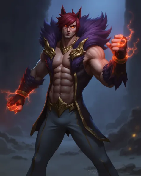 Full-body realistic digital painting of Sett from League of Legends in a dynamic pose, charging up his punch. He stands in a powerful stance, slightly turned, muscles tensed, with his right fist glowing with energy as he pulls it back. His expression is fi...