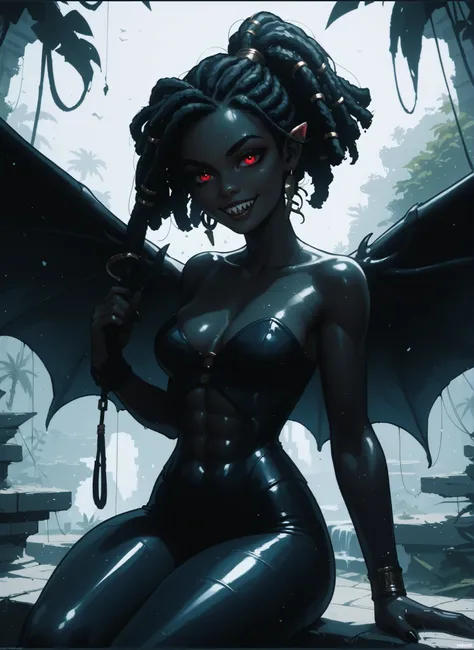 A female monster girl. She is young. She has an innocent expression on her face. She is a human bat. She has asian features. She has deep red eyes and dreadlocks. Her skin is blue-ish black and shiny. She is athletic and has claws and sharp teeth. Meisterw...