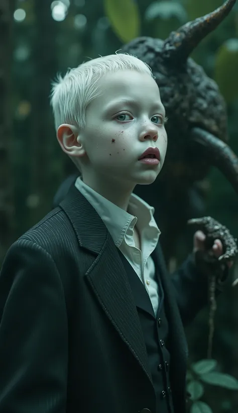 film (1329)Close-up AFRICAN albino boy, Sinister and strange albinos, in Victorian clothes with predators from the African jungle, hyperrealistic, cinematographic