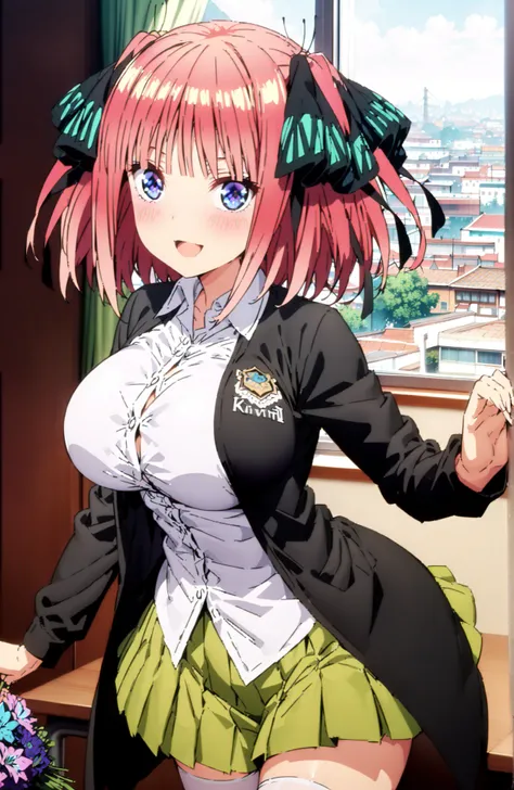 score_9, score_8_up, score_7_up, source_anime, Nijino Nino , smile,blush,open your mouth,short hair,, bungs, blue eyes, hair ornament that grabs Narmaya's chest, hair bow, pink hair, blunt bungs, Big Breasts,ツーサイドup, butterfly hair ornament that grabs Nar...
