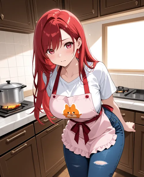 beauty Married Woman 0 red hair long hair attractive glamour t shirt jeans apron kitchen dynamic angles embarrassing expression cooking