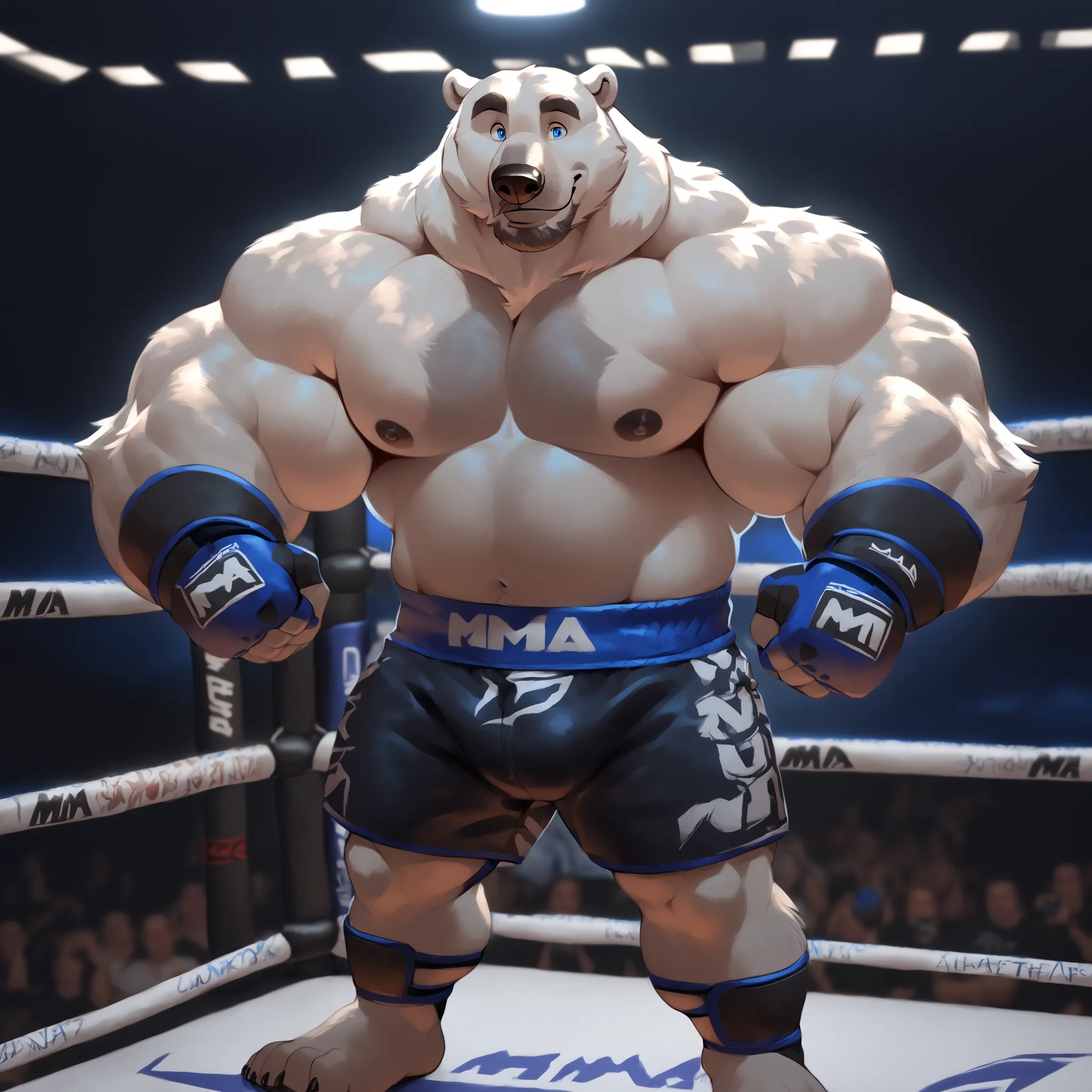 bara polar bear, strong physique, perfect anatomy, masterpiece, gray moustache and beard, wrinkles huge white fur, solo, added eyes with blue pupils, great lighting, black MMA shorts with blue line slits, MMA fingerless gloves with blue knuckle pads, ankle...