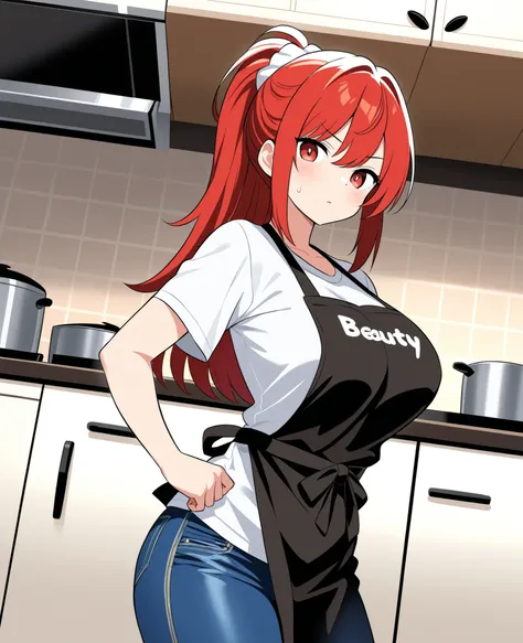 beauty Married Woman 0 red hair long hair attractive glamour t shirt jeans apron kitchen dynamic angles embarrassing expression cooking