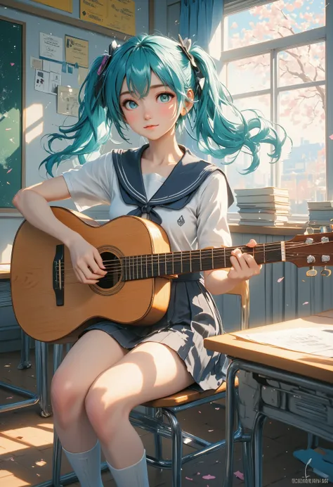 Main subject: Hatsune Miku wearing Japanese sailor-style school uniform (white shirt/navy blue ribbon/gray pleated skirt), holding natural wood acoustic guitar, sitting on classroom desk by window playing, teal twin-tails flowing naturally, focused gaze on...