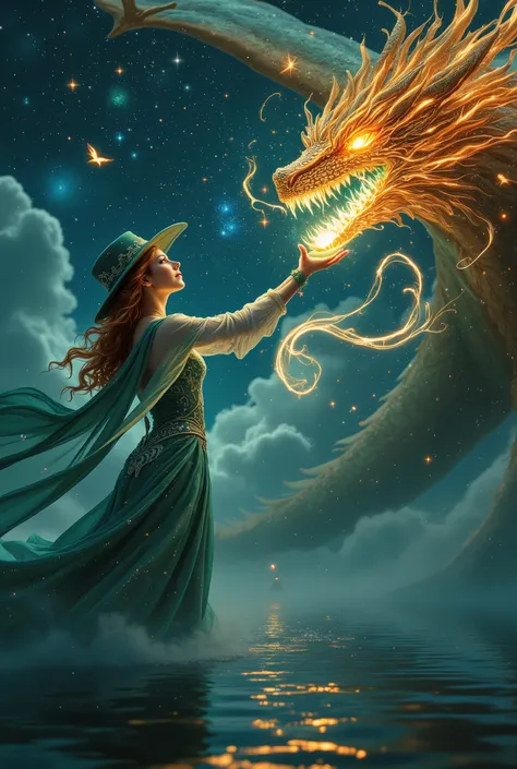 8k resolution fantasy artwork, breathtaking detail. A powerful sorceress, approximately 25-30 years old, of mixed European and Middle Eastern descent, with cascading auburn curls adorned with intricate silver filigree, wears a flowing emerald gown embroide...