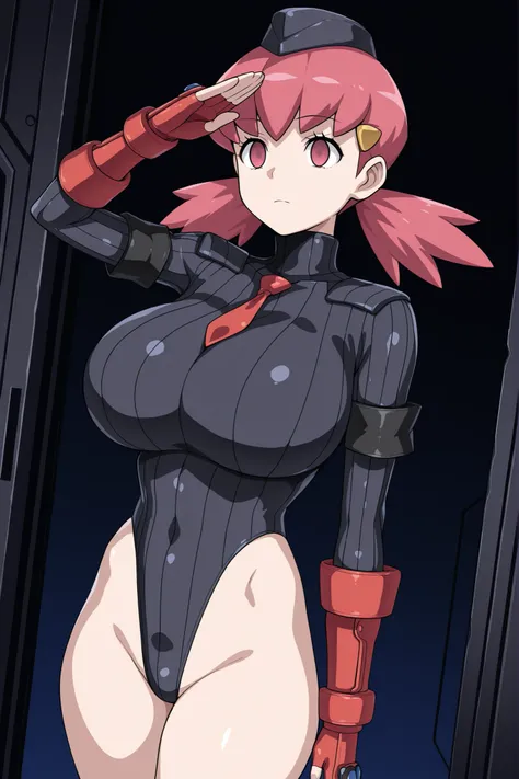 masterpiece,best quality,amazing quality,absurdres, BREAK 1girl,solo,Whitney_\(Pokemon\),huge breasts,Expressionless,empty eyes,shadaloo dolls, gloves, hat, standing, cowboy shot, fingerless gloves,black leotard, cosplay, highleg, highleg leotard, red glov...