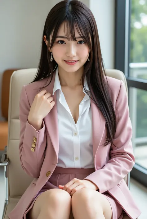 (full body image:1.5), (太ももからhigh heelsにかけての脚線美:1.5), (From the top of her head to the tips of her feet :1.5),Sleek long black hair , Professional Office Lady with Long Dark Hair, is sitting in a chair with her legs crossed, The height of the chair is 60c...